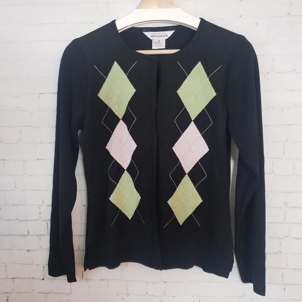 Exclusively Misook Cardigan Sweater Size Small Black Argyle Green Pink Preppy